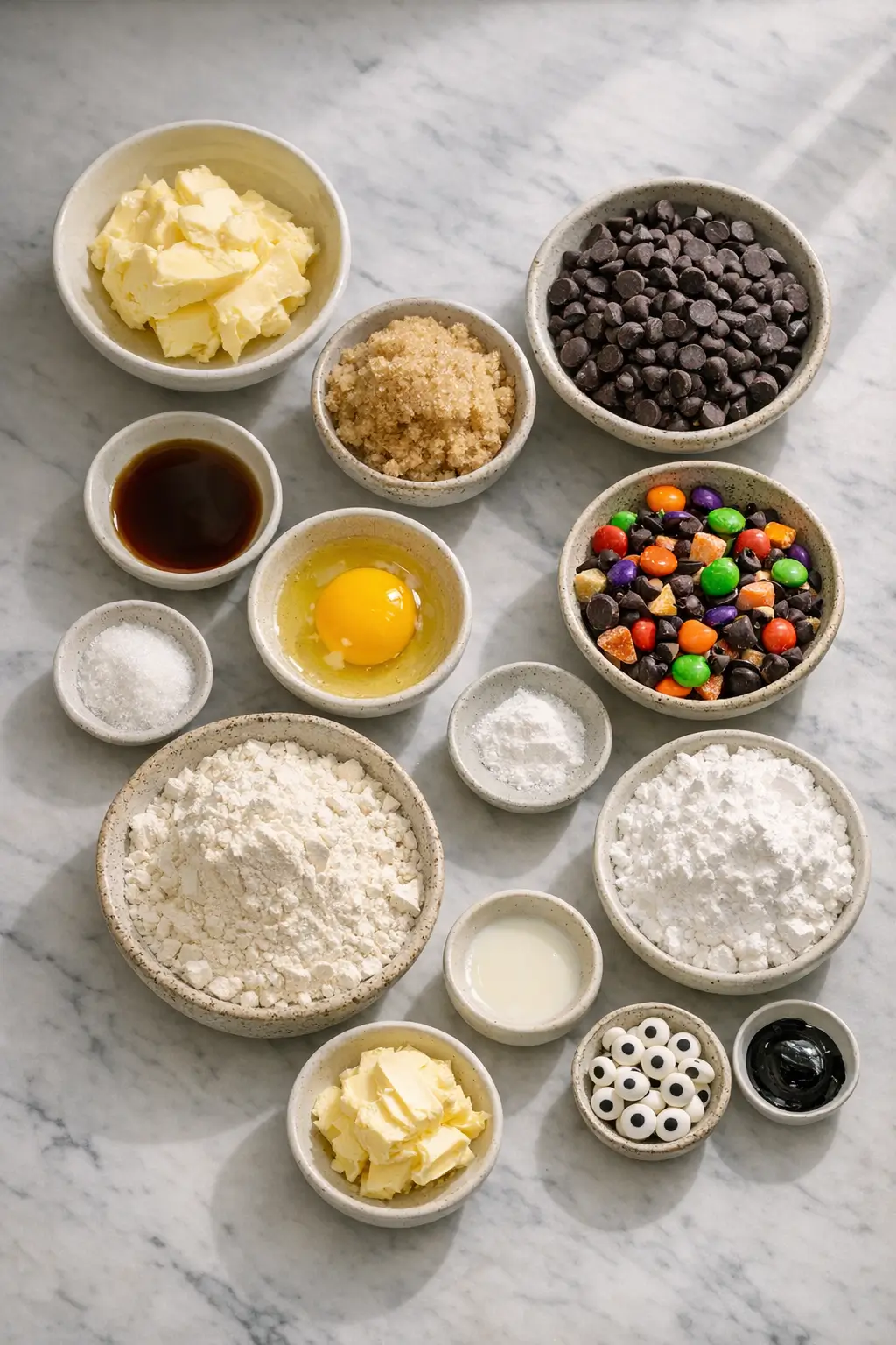 Measured ingredients for Halloween cookie cake: butter, brown sugar, eggs, flour, chocolate chips and candy decorations on a counter