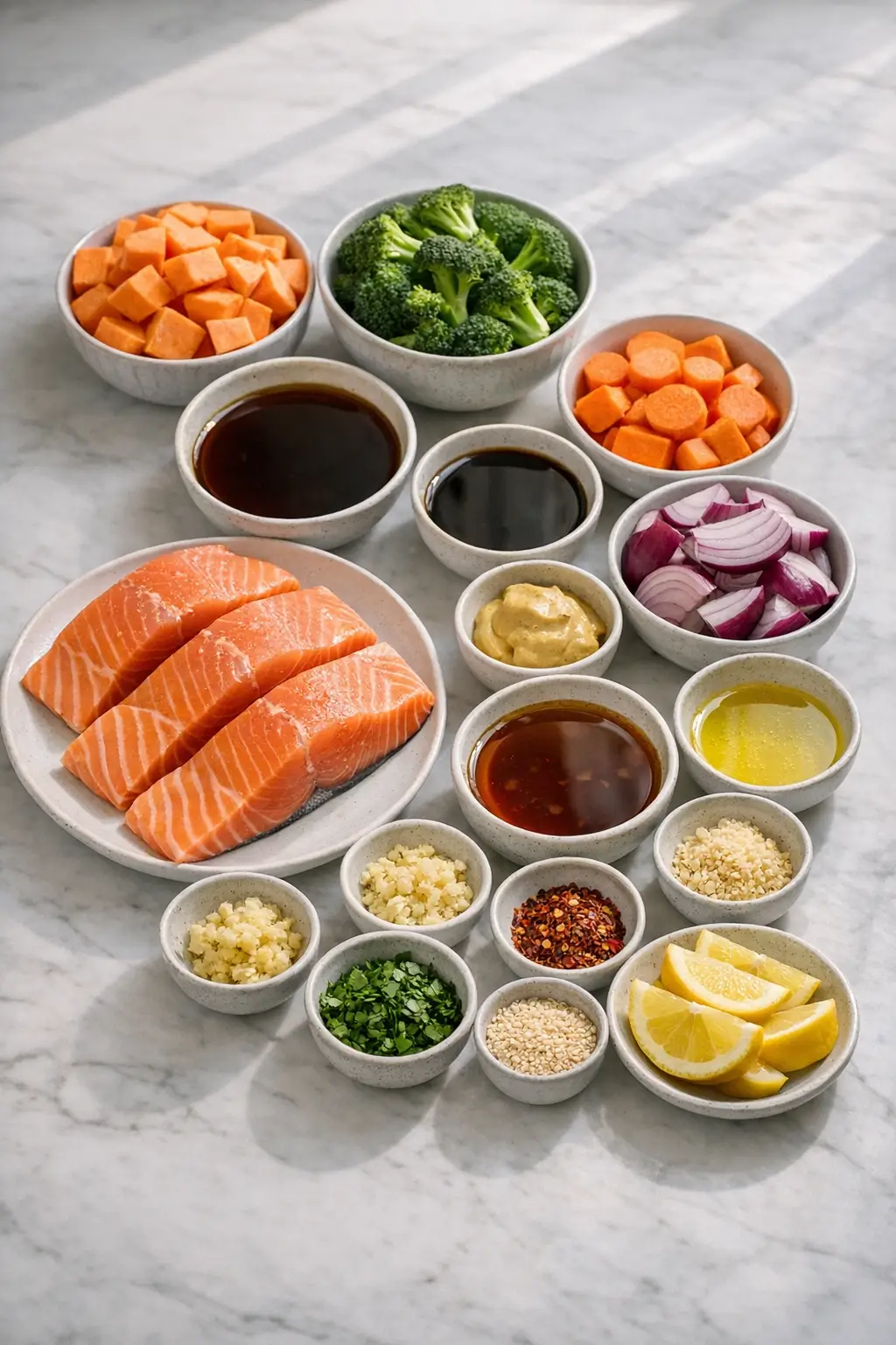 Prep ingredients for maple glazed salmon: salmon fillets, cubed sweet potato, broccoli florets, sliced carrots, red onion and glaze components