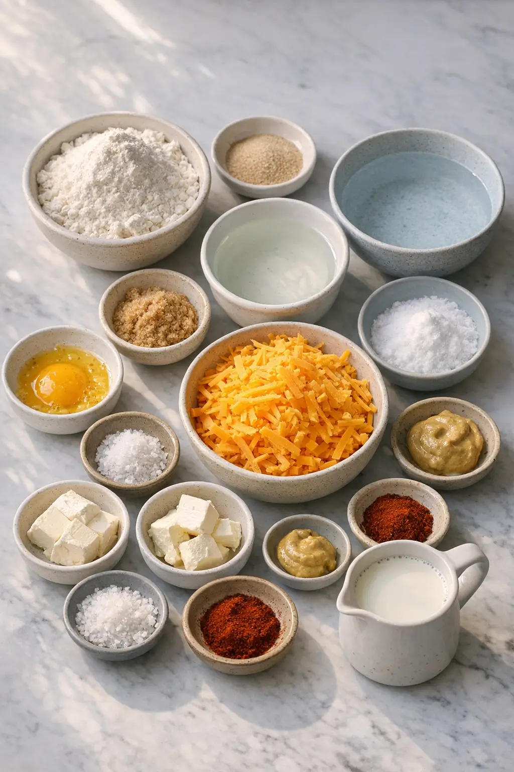Ingredients for mini soft pretzels and cheddar cheese dip arranged on a kitchen counter