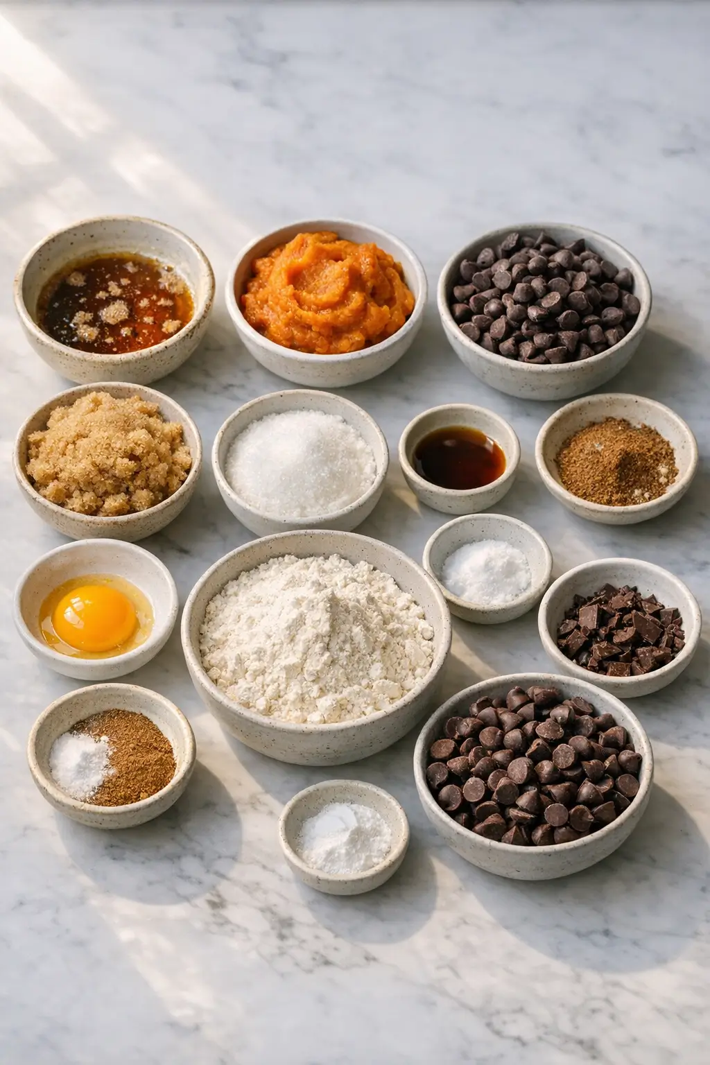 Measured ingredients for pumpkin chocolate chip cookies: browned butter, drained pumpkin puree, sugars, flour, spices, and chocolate chips