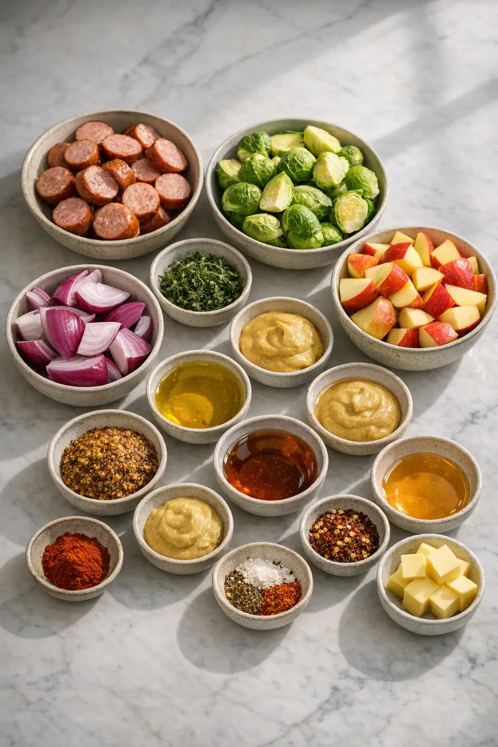 Raw ingredients for sheet-pan sausage and apples: halved Brussels sprouts, sliced smoked sausage, apple wedges, red onion, and mustard-maple dressing