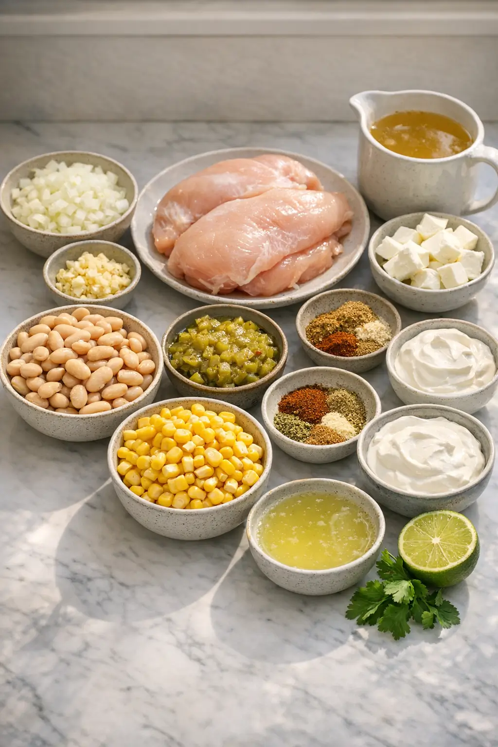 Ingredients for slow cooker white chicken chili: raw chicken, cans of green chiles and white beans, chopped onion, garlic, cream cheese, and broth