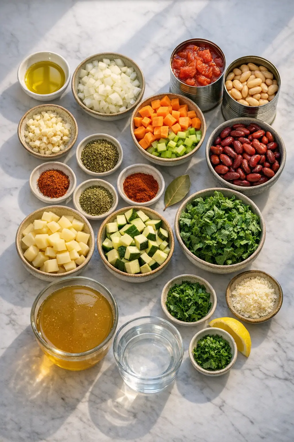 Ingredients for vegetable soup with beans laid out on a counter: diced onion, carrots, celery, potatoes, canned tomatoes and two cans of beans