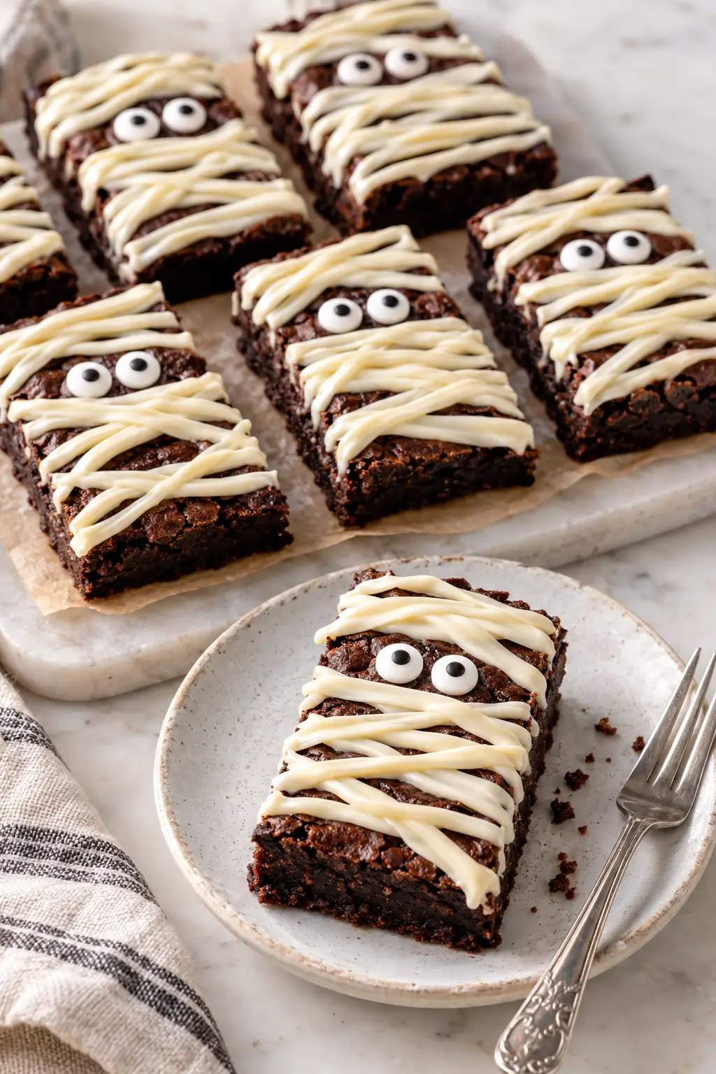 Mummy Brownies with White Chocolate Wrap Kids Can Decorate served and ready to enjoy