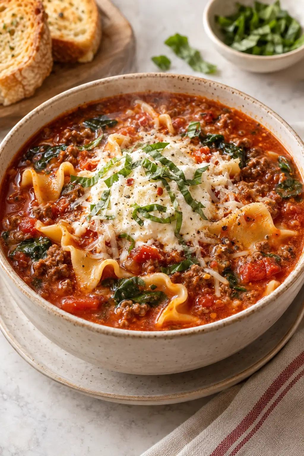 One-Pot Lasagna Soup for Cozy Nights, No Layering Needed served and ready to enjoy