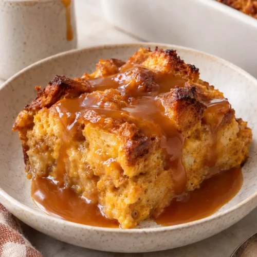 Make-Ahead Pumpkin Bread Pudding with Caramel Sauce