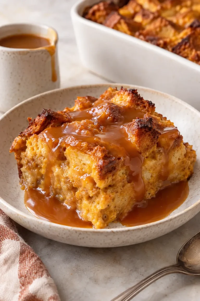 Make-Ahead Pumpkin Bread Pudding with Caramel Sauce