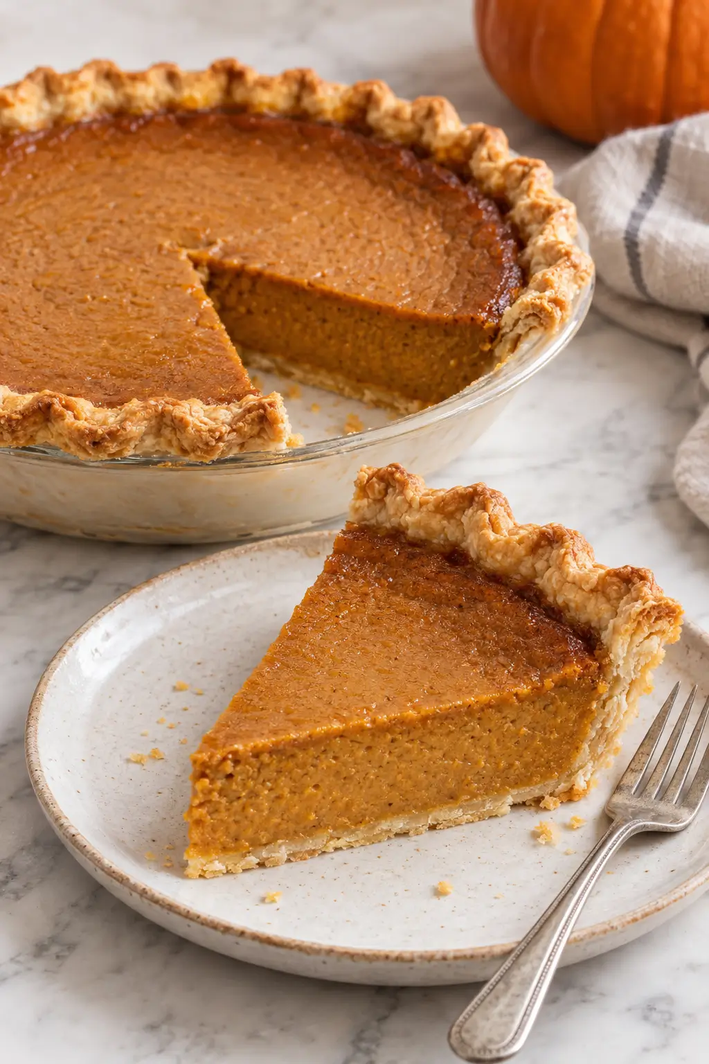 Pumpkin Pie From Scratch With Real Roasted Pumpkin served and ready to enjoy