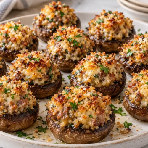 Sausage Stuffed Mushrooms with a Creamy, Golden Filling