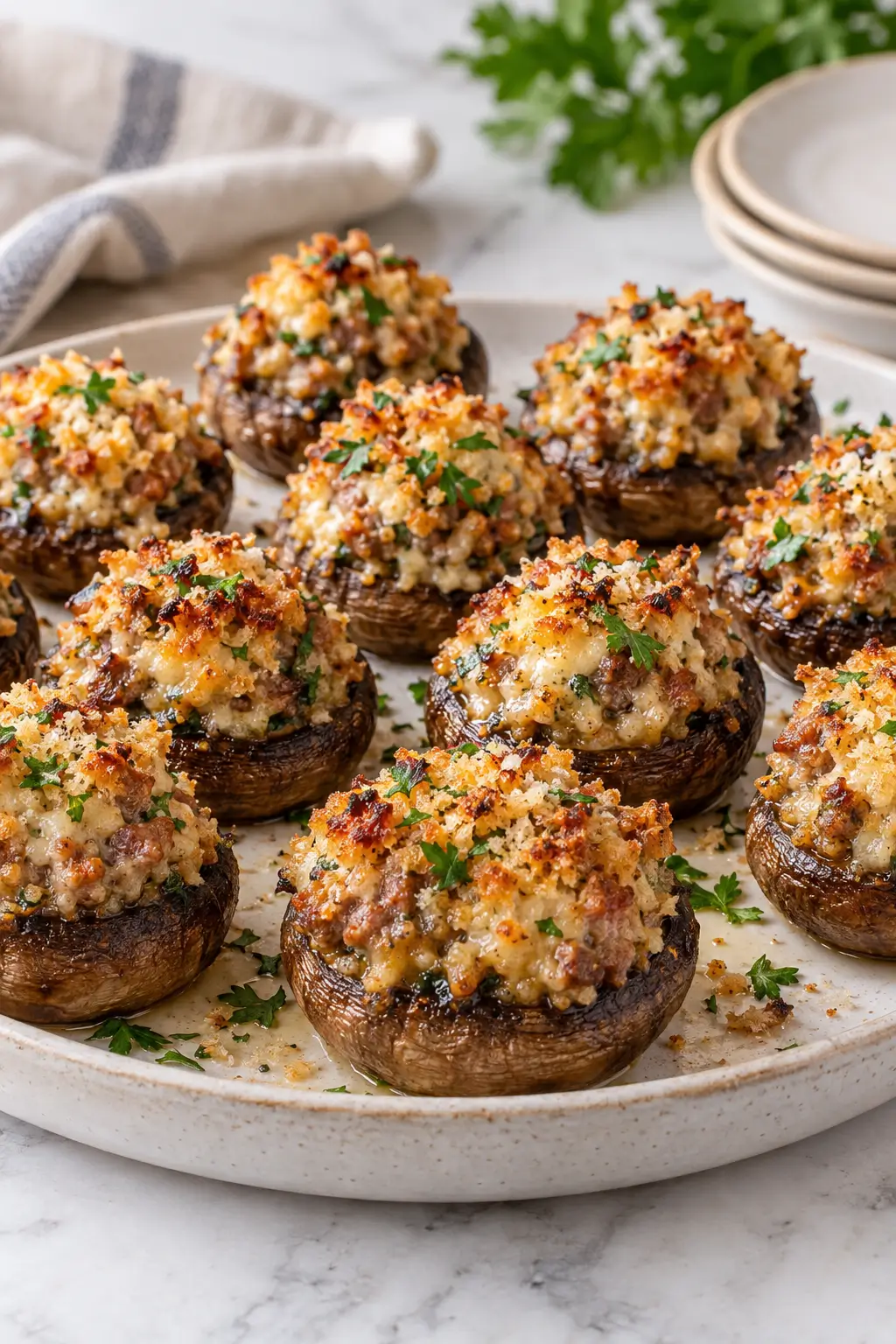 Sausage Stuffed Mushrooms with a Creamy, Golden Filling served and ready to enjoy